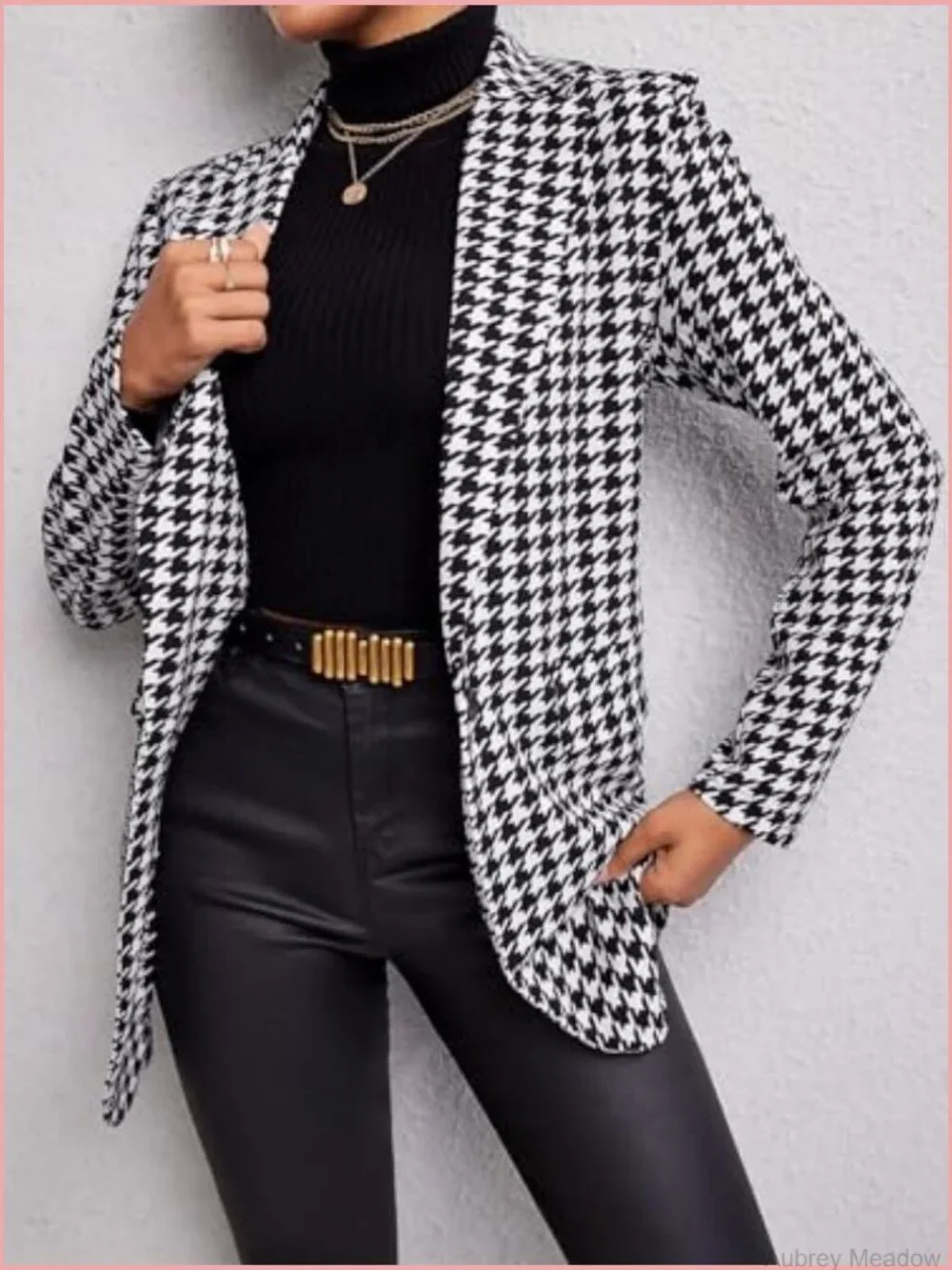 Houndstooth Print Lapel Single Button Blazer Long Sleeve